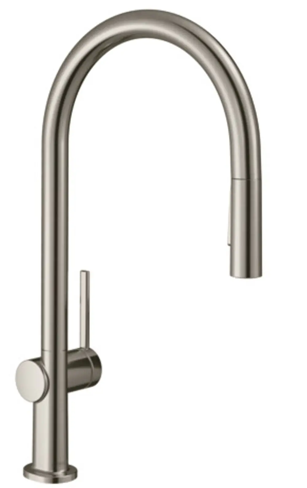 Spültischmischer von Hansgrohe mit hohem, gebogenem Auslauf und Seitenhebel. Ausziehbare Brause mit zwei Strahlarten in Edelstahl-Optik.